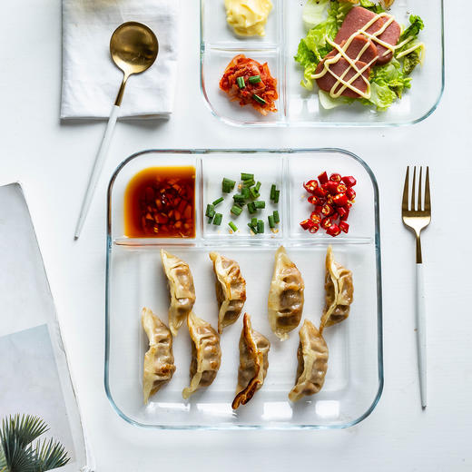 摩登主妇饺子盘带醋碟钢化玻璃餐盘家用分隔餐盘子儿童餐盘早餐盘 商品图1