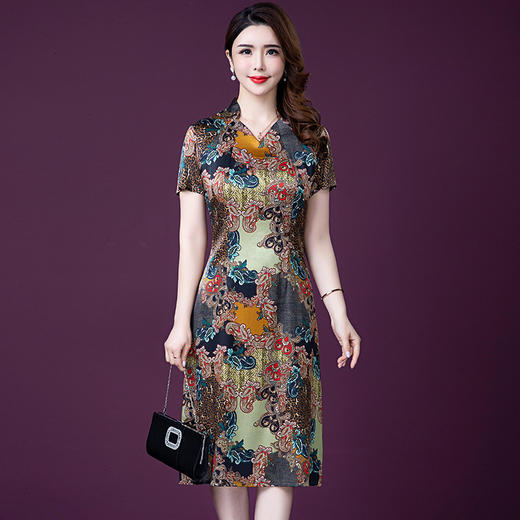 YMR-8243仿真丝2020新款时尚修身显瘦妈妈装连衣裙 商品图0
