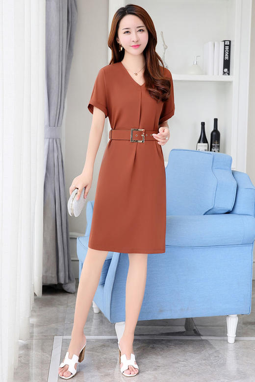 WZNH-OKYZ756（配腰带）春季短袖中长款H型V领高腰套头显瘦气质时尚连衣裙 商品图2