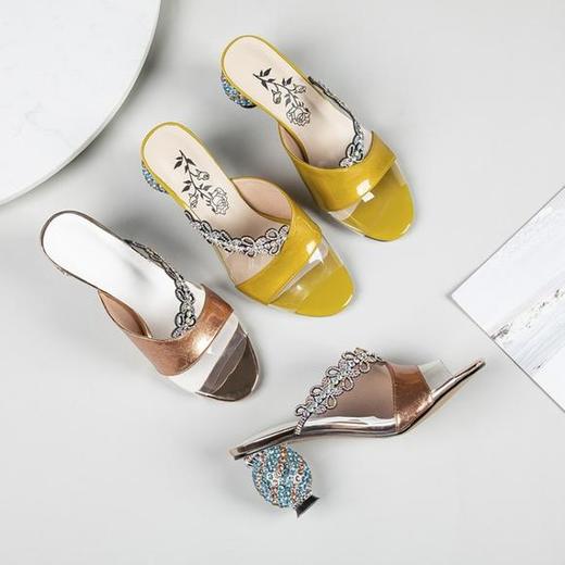 OLD-X515露趾粗跟凉鞋女2020夏新款真皮一字带水钻水晶跟高跟拖鞋 商品图3