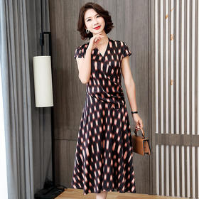 LS 2017印花真丝V领修身显瘦时尚桑蚕丝缎面中长裙