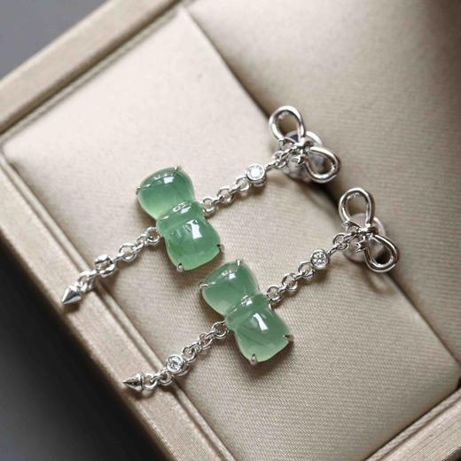 冰种晴水绿翡翠蝴蝶结耳坠18k白金钻石镶嵌 商品图4