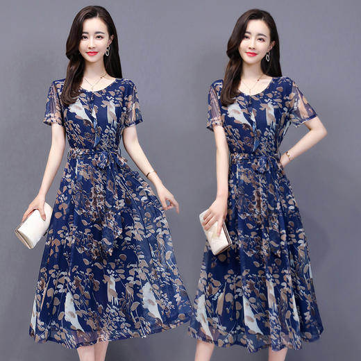 WZNH-CLYZ2026（配腰带）夏季圆领中腰套头时尚印花短袖收腰显瘦连衣裙 商品图1
