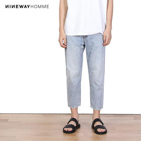 NINEWAY九平道 022N21 修身九分破洞牛仔裤男洗水日系复古