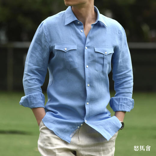 Canclini 法国亚麻天蓝色意式工艺衬衫 商品图0