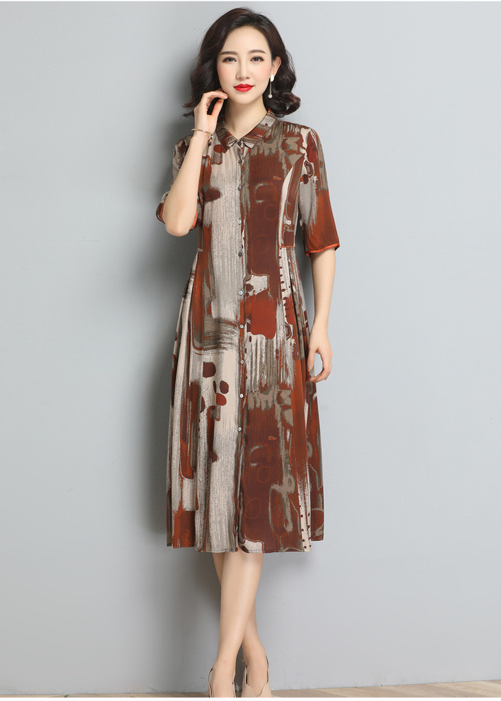 qy20673真丝连衣裙夏复古中长款宽松大码气质优雅桑蚕丝裙子