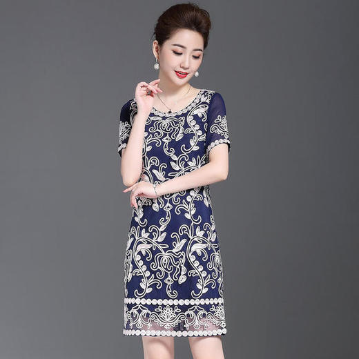 JS6216新款优雅气质修身短袖圆领盘花刺绣连衣裙 商品图1