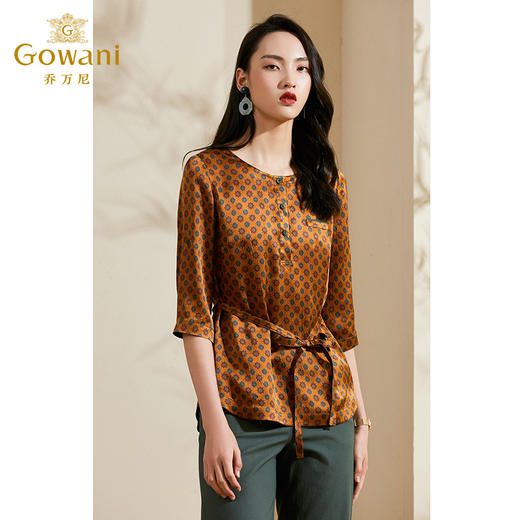乔万尼新款真丝桑蚕丝上衣女气质流行印花休闲七分袖衬衫ES2C137 商品图1