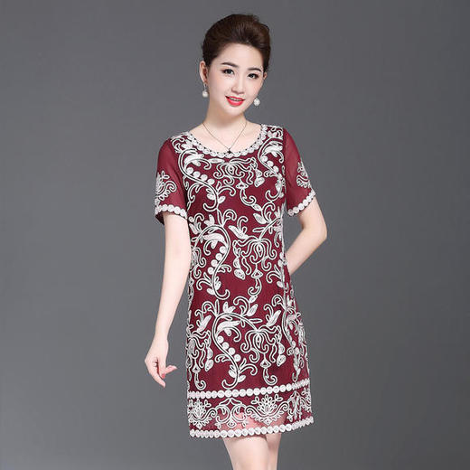 JS6216新款优雅气质修身短袖圆领盘花刺绣连衣裙 商品图2