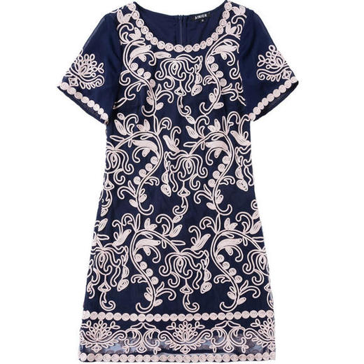 JS6216新款优雅气质修身短袖圆领盘花刺绣连衣裙 商品图4