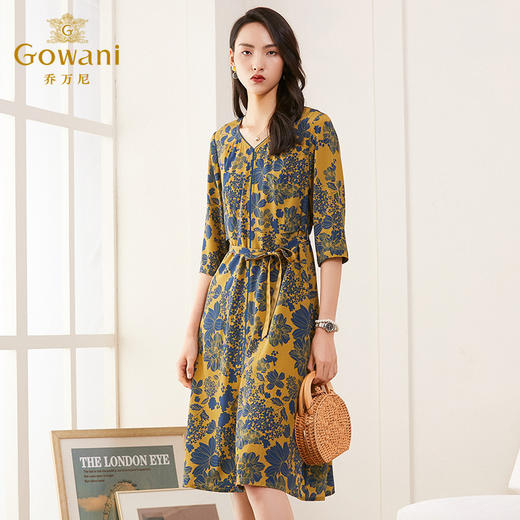 乔万尼新款夏修身气质高腰碎花V领真丝连衣裙桑蚕丝女中长款ES2E111 商品图1