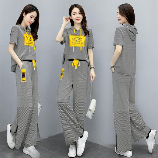 WZNH-GJC2086P105夏季新款条纹连帽时尚休闲印花阔腿裤两件套 商品图3