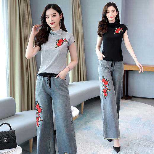 WZNH-2075P125夏季新款女装时尚气质针织牛仔两件套装 商品图0