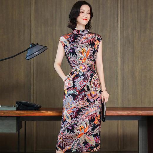 MZC-19305高端修身印花收腰复古重磅真丝连衣裙 商品图1