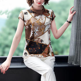 AHM-yme5256真丝上衣女士t恤2020夏季新款短袖优雅气质印花妈妈装雪纺衫