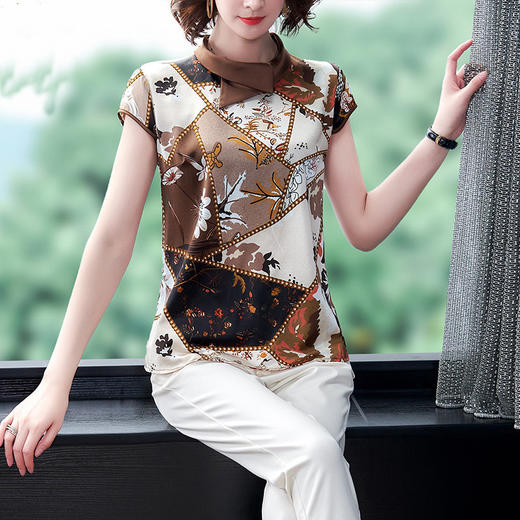 AHM-yme5256真丝上衣女士t恤2020夏季新款短袖优雅气质印花妈妈装雪纺衫 商品图0