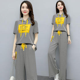 WZNH-GJC2086P105夏季新款条纹连帽时尚休闲印花阔腿裤两件套