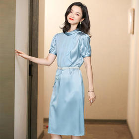 ASE-6638优雅大气荷叶边领气质真丝连衣裙（配腰带）