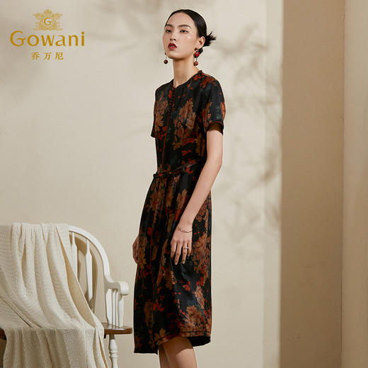 【黑色复古花】【香云纱】乔万尼真丝连衣裙夏季新款连衣裙复古印花气质显瘦桑蚕丝长裙ES2E102 商品图1