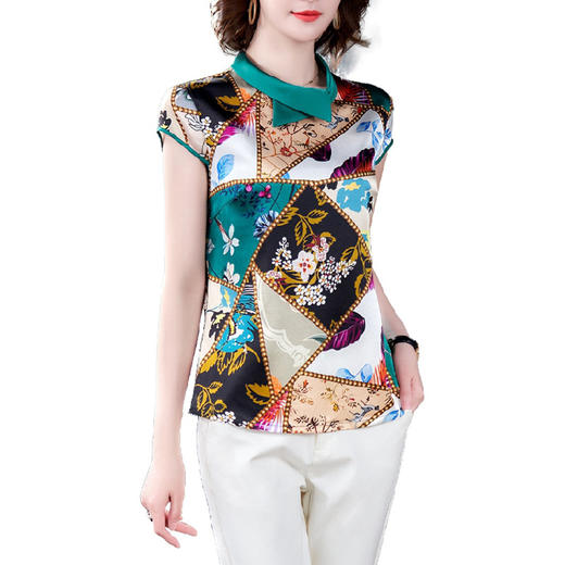 AHM-yme5256真丝上衣女士t恤2020夏季新款短袖优雅气质印花妈妈装雪纺衫 商品图4