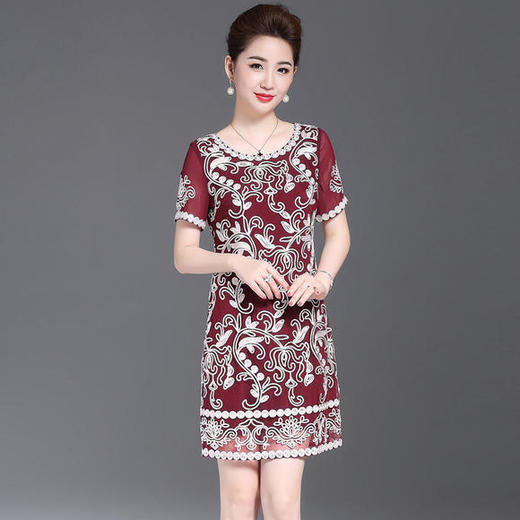 JS6216新款优雅气质修身短袖圆领盘花刺绣连衣裙 商品图0