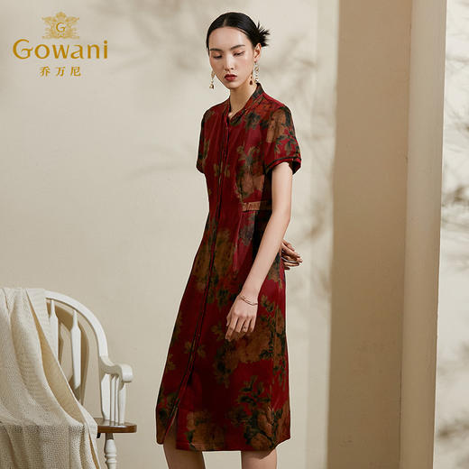 【酒红复古花】【香云纱】乔万尼真丝桑蚕丝连衣裙夏季收腰显瘦印花长裙ES2E117 商品图1