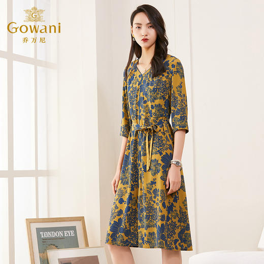 乔万尼新款夏修身气质高腰碎花V领真丝连衣裙桑蚕丝女中长款ES2E111 商品图2