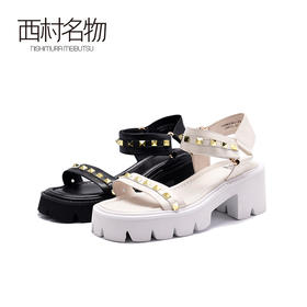 西村名物2020夏天新款欧美铆钉一字带凉鞋女罗马鞋T20BG23611