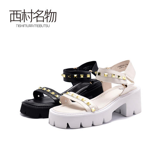 西村名物2020夏天新款欧美铆钉一字带凉鞋女罗马鞋T20BG23611 商品图0