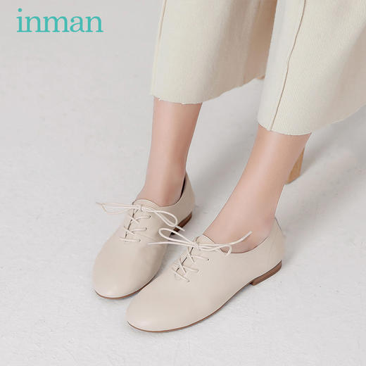 茵曼女鞋小白鞋女真皮百搭文艺系带单鞋女平底英伦风学院风小皮鞋