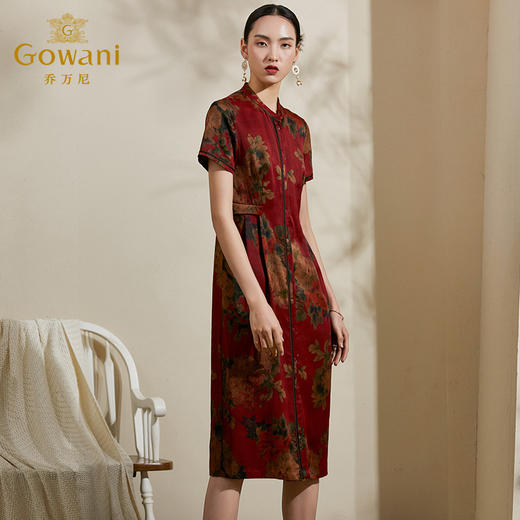 【酒红复古花】【香云纱】乔万尼真丝桑蚕丝连衣裙夏季收腰显瘦印花长裙ES2E117 商品图2