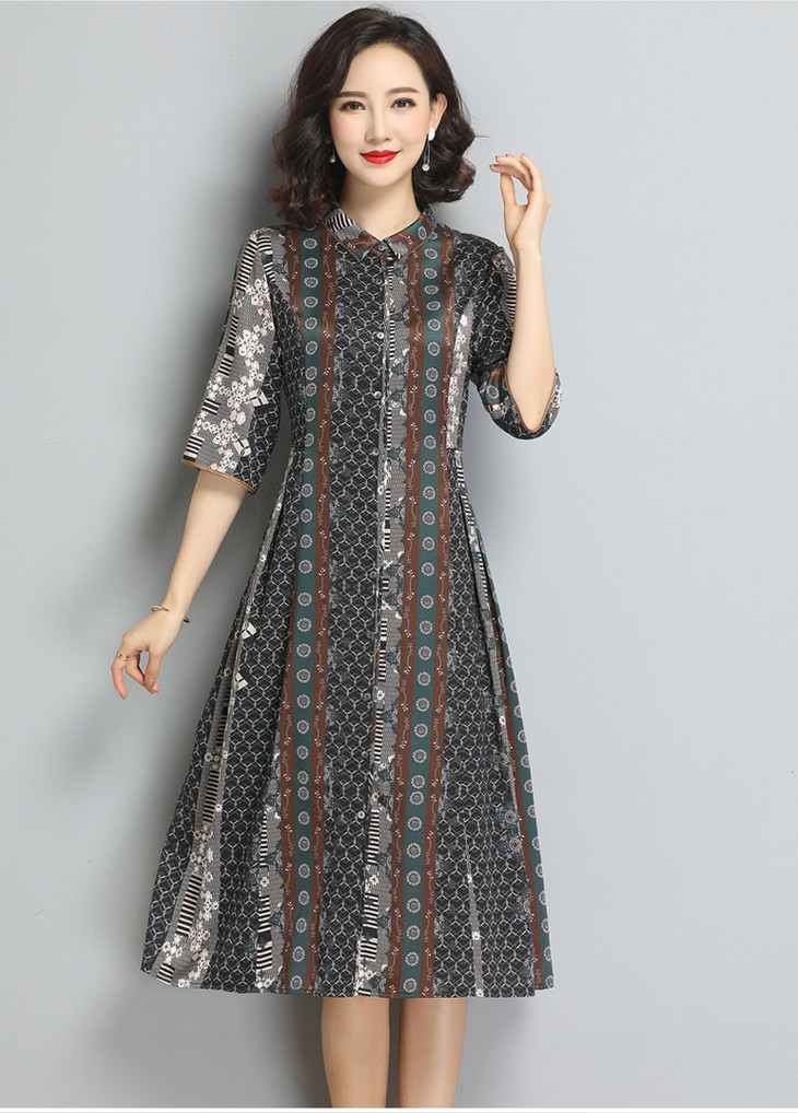 qy20673真丝连衣裙夏复古中长款宽松大码气质优雅桑蚕丝裙子