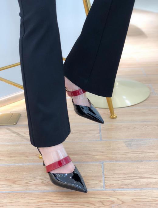 黑身红带牛漆皮尖头细跟凉鞋 商品图0