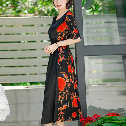 NYT-2017原创印花连衣裙真丝A字裙收腰显瘦长裙 商品图2