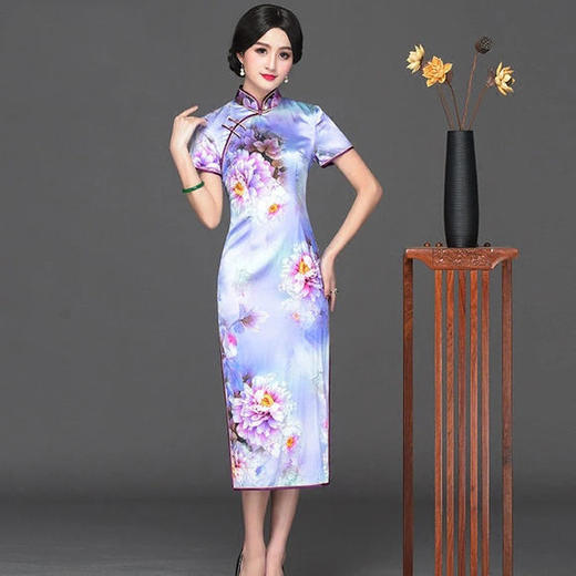 HZ-1715E新品中式立领复古真丝旗袍 商品图2