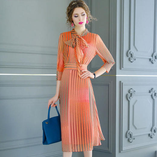 FMY-29767新款典雅端庄修身系带中长印花雪纺连衣裙 商品图1