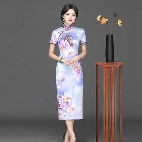 HZ-1715E新品中式立领复古真丝旗袍