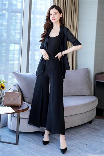 WZNH-HHSJ9907（配腰带）纯色方领气质优雅淑女五分袖简约百搭三件套装 商品图5