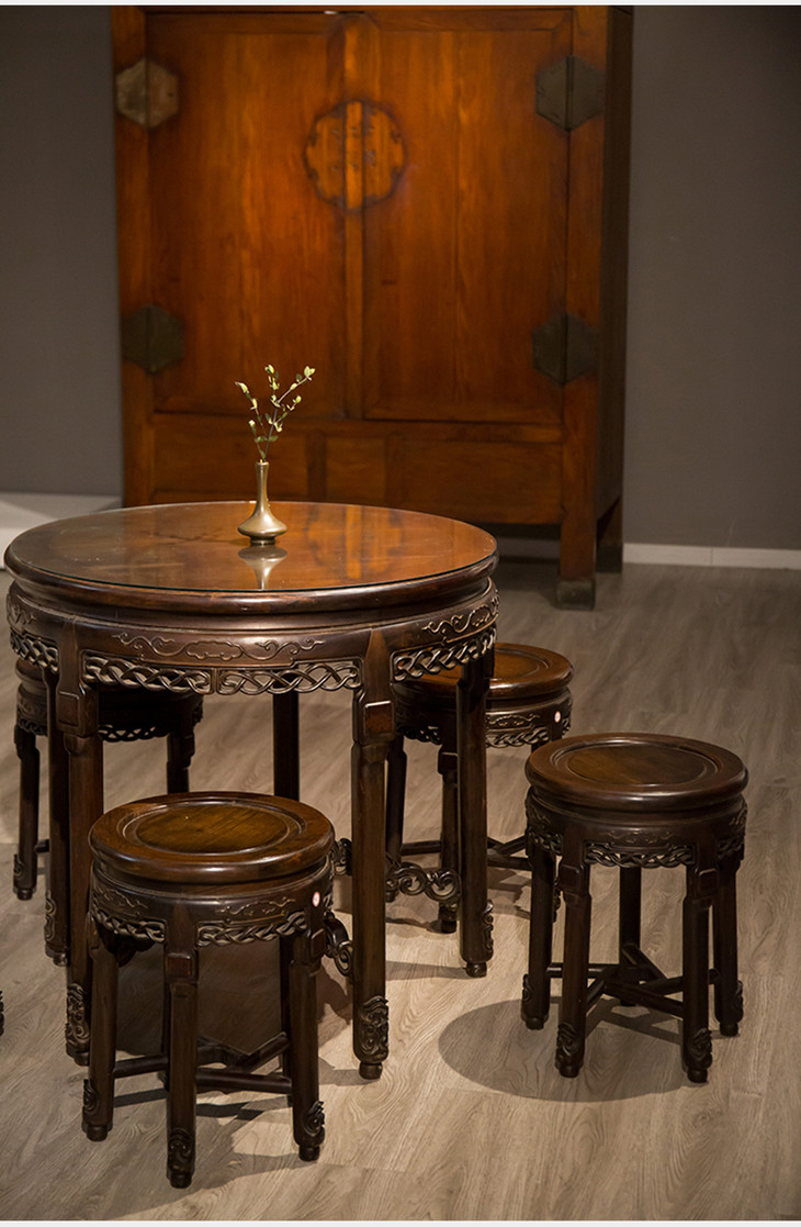 清代 红木圆桌凳一套(一桌五凳) - 明清家具研习社