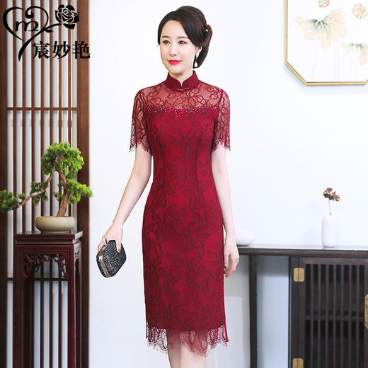 MY-92452夏新款中长款改良短袖蕾丝旗袍连衣裙 商品图1