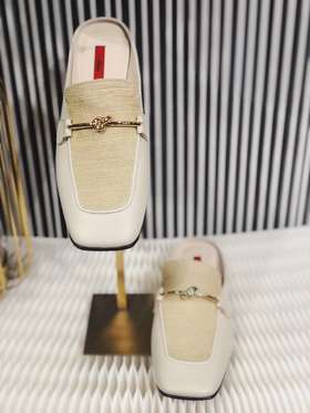 米色拉菲草拼羊皮穆勒鞋