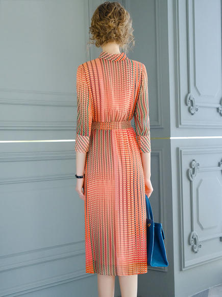 FMY-29767新款典雅端庄修身系带中长印花雪纺连衣裙 商品图3