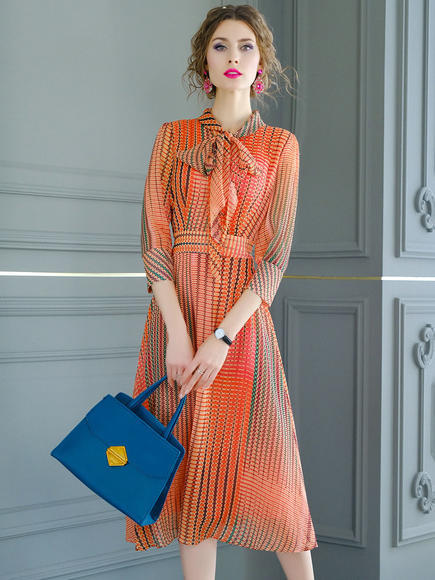 FMY-29767新款典雅端庄修身系带中长印花雪纺连衣裙 商品图2