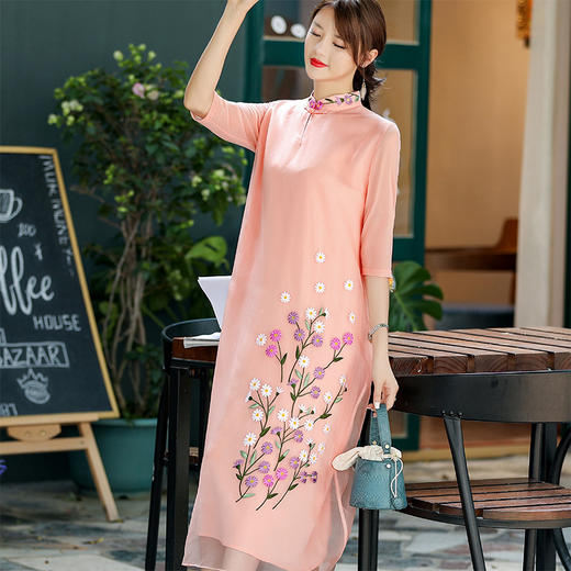 OGFY-36159夏装甜美粉色超仙宽松大码复古中国风连衣裙 商品图0
