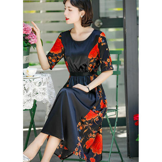 NYT-2017原创印花连衣裙真丝A字裙收腰显瘦长裙 商品图1