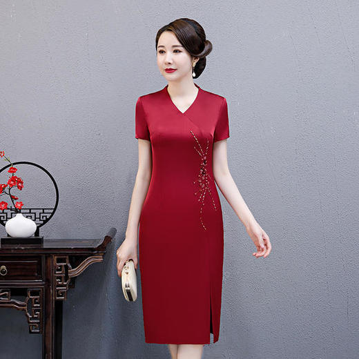 WXG-CS20-1春夏新款中式复古婚宴妈妈装醋酸旗袍裙 商品图0