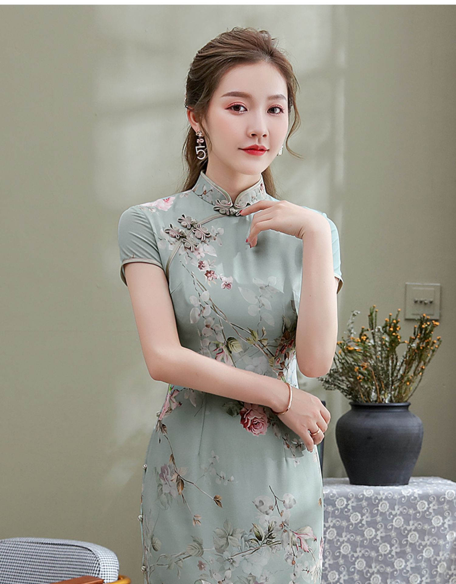 2020新款改良雪纺中长款古典优雅印花中国风旗袍裙xgt2157