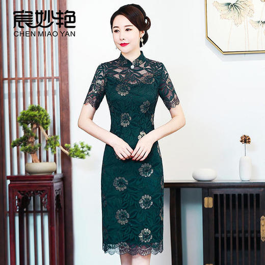 CM-92455高贵复古蕾丝绣花改良旗袍裙 商品图0