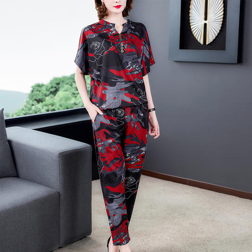 AHM-aswy3041夏新款宽松气质大码妈妈印花长裤V领五分袖两件套 商品图2