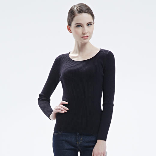 羊绒世家纯山羊绒衫低圆领毛衣女紧身弹性贴身套头竖条纹打底衫女 商品图3